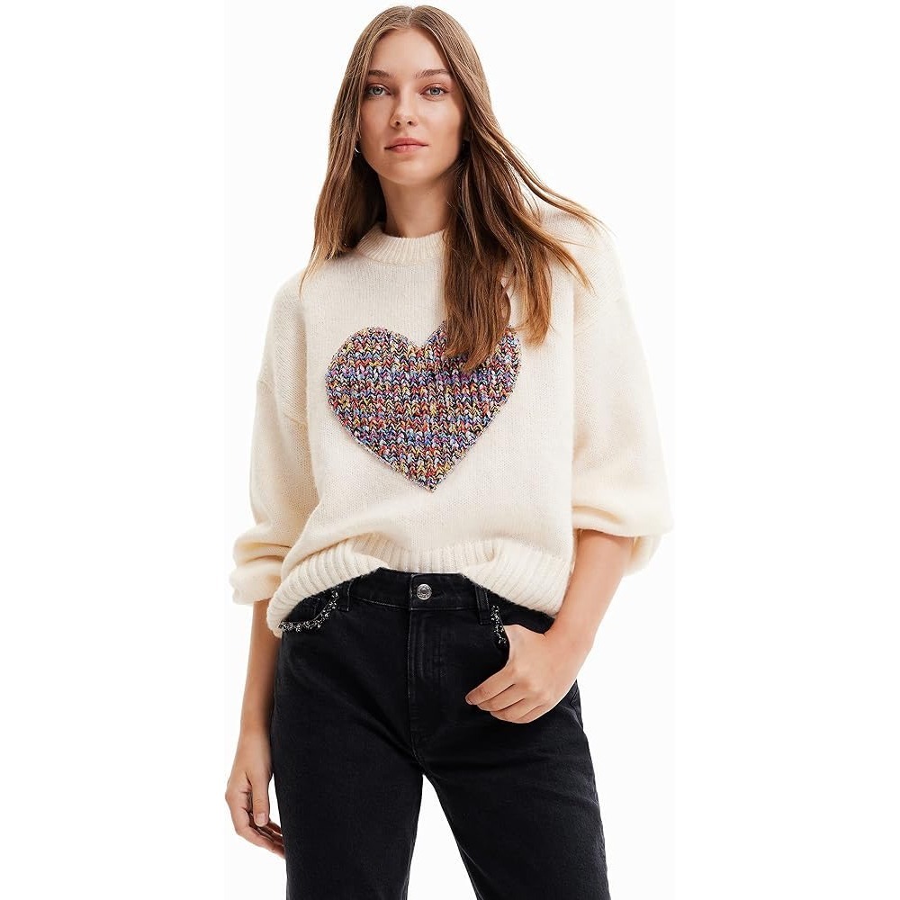Desigual Sweater JERS_Cory Cream Multicolored Heart Patch XL Oversized Boho Cozy